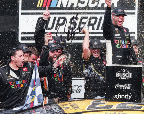 Autographed 8x10 photo of Bubba Wallace celebrating his 2025 Indy Brickyard win in Victory Lane with the #23 Chumba Casino car. The bold autograph enhances its collectible value, and the moment captures the excitement of a major NASCAR achievement. It makes a great gift, and we are always here to help with any questions.