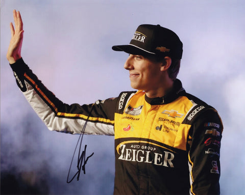 Autographed 2025 Carson Hocevar #77 Ziegler Racing driver introductions photo featuring his Spire Motorsports apparel, clear signature, and the energetic pre-race atmosphere. A memorable NASCAR collectible that also makes a great gift. We are always here to help with any questions.