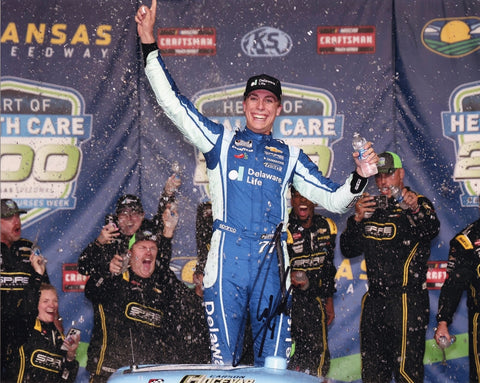 2025 Carson Hocevar signed Kansas Victory Lane 8x10 photograph showcasing the winning truck, detailed background elements, and clear autograph placement. Includes COA and makes an excellent gift for NASCAR collectors. We are always here to help with any questions.