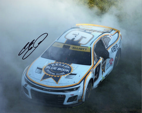Autographed 2025 Chase Elliott Kelley Blue Book Kansas Playoff Win 8x10 photo featuring his dramatic burnout celebration after victory. Ideal collectible for fans of the No. 9 team and a great gift for NASCAR enthusiasts. Includes COA, and we are always here to help with any questions.