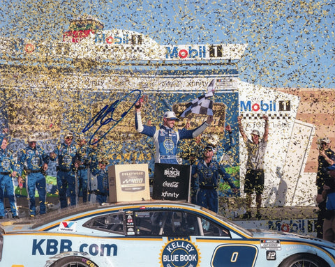 Autographed 8x10 photo of Chase Elliott celebrating his 2025 Kansas Playoff Win in Victory Lane beside the #9 Kelley Blue Book car. A meaningful NASCAR collectible that makes a great gift for racing fans. Includes COA, and we are always here to help with any questions.