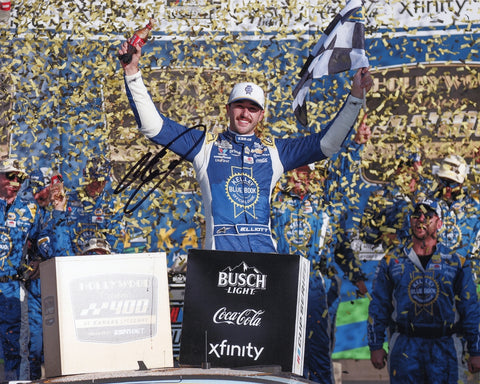Signed 8x10 photo of Chase Elliott celebrating his 2025 Kansas Playoff Win in Victory Lane, surrounded by bright falling confetti. A vibrant collectible that makes a great gift for NASCAR fans. Includes COA, and we are always here to help with any questions.
