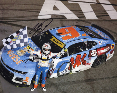 Autographed 8x10 photo of Chase Elliott celebrating his 2025 Atlanta Race Win with the checkered flag beside the #9 NAPA Children’s car. A meaningful NASCAR collectible that makes a great gift for racing fans. COA included, and we are always here to help with any questions.