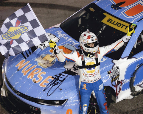 Autographed 2025 Chase Elliott 8x10 photo showing him celebrating his Atlanta Race Win while holding the checkered flag beside the #9 NAPA Children’s car. A standout NASCAR collectible that makes a great gift, and we are always here to help with any questions.