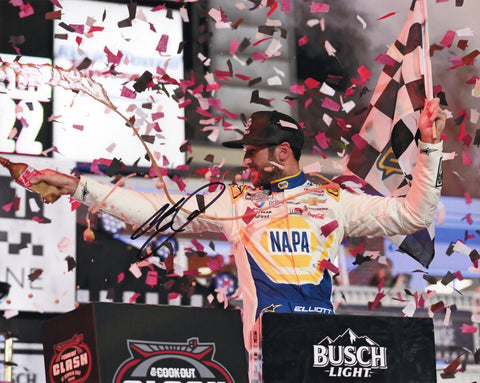 Autographed 8x10 photo of Chase Elliott celebrating his 2025 Bowman Gray Clash win in Victory Lane with the #9 NAPA Racing car. The signature is bold and clear, making it a great gift for NASCAR fans. Includes COA, and we are always here to help with any questions.