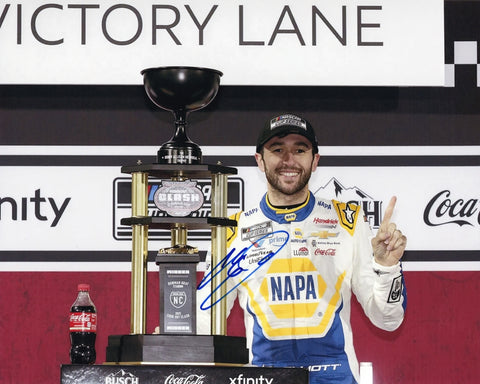 Autographed 2025 Chase Elliott 8x10 photo showing his Bowman Gray Clash Victory Lane moment with the trophy beside the #9 NAPA Racing car. Vibrant colors and a clear signature make this a great gift for NASCAR fans. Includes COA, and we are always here to help with any questions.