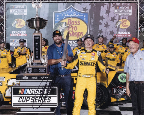 Autographed 8x10 photo of Christopher Bell in Victory Lane at Bristol, holding the race trophy beside his #20 DeWalt Racing Toyota. The clear signature and vivid colors make it an ideal collectible for NASCAR fans. It also makes a great gift, and we are always here to help with any questions.