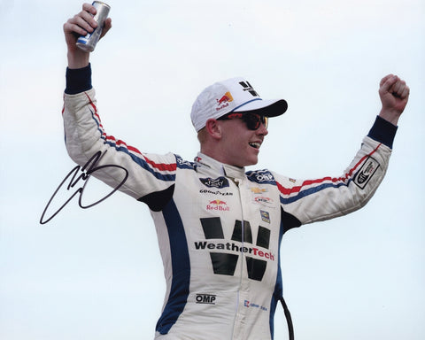 Autographed 8x10 photo of Connor Zilisch celebrating his 2025 Circuit of the Americas win in the #88 WeatherTech Racing car. The clean signature adds collector appeal, and the image highlights a major milestone for a rising NASCAR star. It makes a great gift, and we are always here to help with any questions.