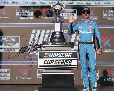 Autographed 8x10 photo of Denny Hamlin celebrating his 2025 Gateway win in Victory Lane, holding the race trophy beside the Progressive Racing No. 11 Toyota. A detailed NASCAR collectible that makes a great gift for fans. We are always here to help with any questions.