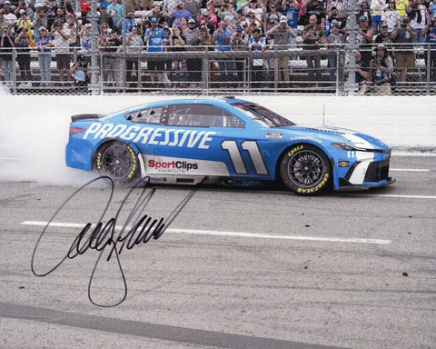 Autographed 8x10 NASCAR photo of Denny Hamlin performing a burnout after his 2025 Martinsville win in the Progressive No. 11 car. Thick smoke surrounds the vehicle as he celebrates the victory. Makes a great gift for racing fans, and we are always here to help with any questions.