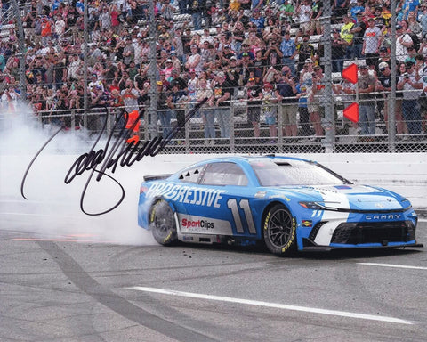 Signed 8x10 NASCAR photo of Denny Hamlin performing a dramatic burnout after his 2025 Martinsville win in the Progressive No. 11 car. Smoke surrounds the vehicle as he celebrates. Makes a great gift for racing fans, and we are always here to help with any questions.