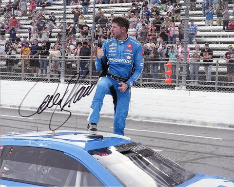 Autographed 8x10 photo of Denny Hamlin celebrating his 2025 Martinsville win in the Progressive No. 11 car, capturing his excitement in Victory Lane. A standout NASCAR collectible that makes a great gift for fans. We are always here to help with any questions.