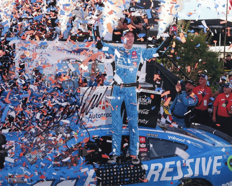 Autographed 8x10 photo of Denny Hamlin celebrating his 2025 Dover win in Victory Lane as confetti falls around him. Features his Progressive Toyota and a clear signature. Ideal for NASCAR collectors and makes a great gift. We are always here to help with any questions.