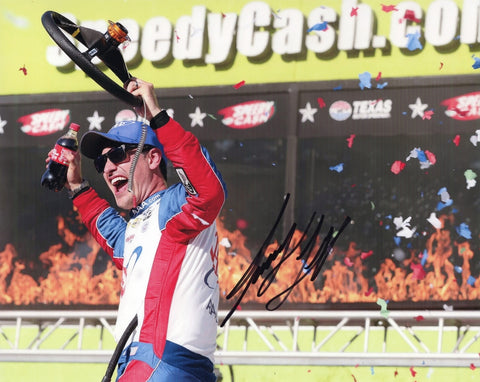 Autographed 8x10 NASCAR photo showing Joey Logano celebrating his 2025 Texas victory in victory lane with the #22 AAA Racing Ford. This signed collectible makes a great gift for racing fans, and we are always here to help with any questions.
