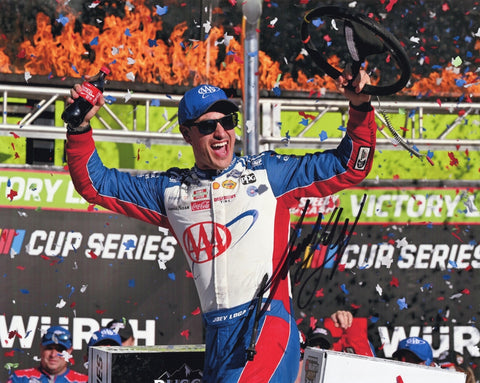 Autographed 8x10 NASCAR photo of Joey Logano celebrating his 2025 Texas win in victory lane as confetti fills the air around the #22 AAA Racing Ford. This signed collectible makes a great gift for dedicated race fans, and we are always here to help with any questions.