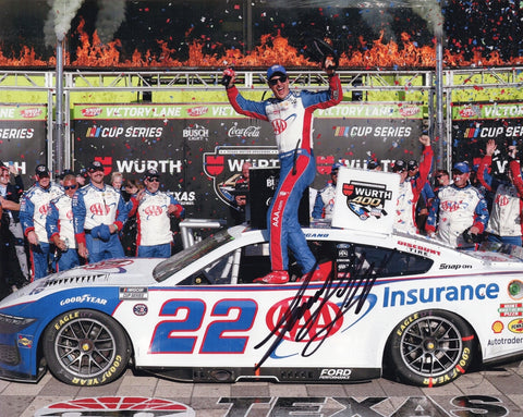 Autographed 8x10 photo of Joey Logano celebrating his 2025 Texas win with the #22 AAA Racing car surrounded by fiery victory lane effects. A striking NASCAR collectible that makes a great gift for racing fans, and we are always here to help with any questions.