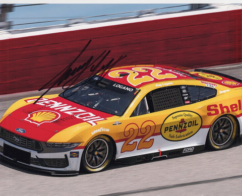 Autographed 8x10 NASCAR photo of Joey Logano driving the 2025 #22 Shell Racing Darlington throwback car honoring Cale Yarborough. A vibrant collectible that makes a great gift for any racing fan, and we are always here to help with any questions.
