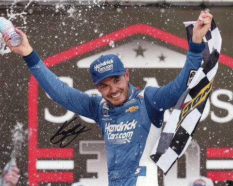 Autographed 8x10 photo of Kyle Larson celebrating his 2025 Bristol Xfinity Series victory in Victory Lane with the #17 Hendrick Racing Chevrolet. A detailed NASCAR collectible that makes a great gift for fans, and we are always here to help with any questions.