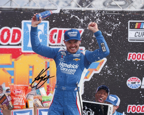 Autographed 8x10 photo of Kyle Larson celebrating his 2025 Bristol Race Win in Victory Lane with the #5 Hendrick Motorsports Chevrolet. A high-quality collectible that makes a great gift for NASCAR fans, and we are always here to help with any questions.