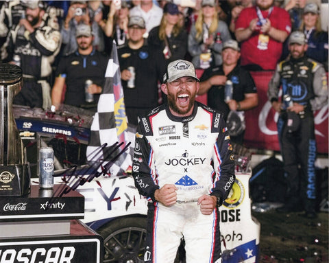 Autographed 8x10 photo of Ross Chastain celebrating his 2025 Coca-Cola 600 win, holding the Victory Lane trophy beside the #1 Jockey Chevrolet. A standout collectible that makes a great gift for NASCAR fans, and we are always here to help with any questions.