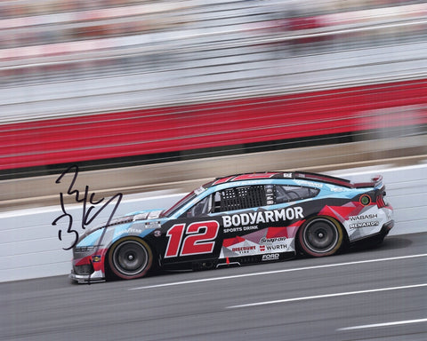 Autographed 2025 Ryan Blaney #12 Body Armor Racing Mustang photo featuring the Team Penske Ford on track with vibrant detailing. The signed 8x10 image is ideal for NASCAR collectors and makes a great gift. Includes COA, and we are always here to help with any questions about this unique collectible.