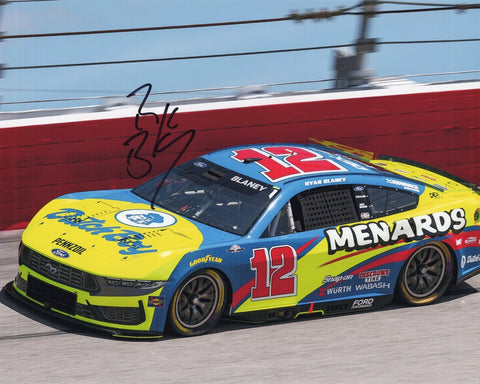Autographed 2025 Ryan Blaney Darlington Throwback Car photo featuring the #12 Menards Penske tribute scheme on track. This signed 8x10 NASCAR collectible includes a COA, makes a great gift for fans, and we are always here to help with any questions.