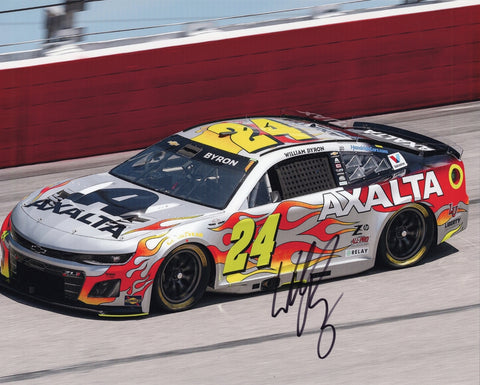 Autographed 2025 William Byron Darlington Throwback Car photo featuring the #24 Axalta Jeff Gordon tribute scheme on track. This signed 8x10 NASCAR collectible includes a COA, makes a great gift for racing fans, and we are always here to help with any questions.