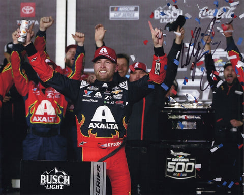 Autographed 2025 William Byron Daytona 500 Victory Lane photo showing Byron celebrating after his historic win with the #24 Axalta car behind him. This signed 8x10 NASCAR collectible includes a COA, makes a great gift, and we are always here to help with any questions.