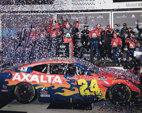 Autographed 2025 William Byron Daytona 500 Victory Lane confetti photo showing Byron celebrating in a shower of confetti beside the #24 Axalta car after his historic win. This signed 8x10 NASCAR collectible includes a COA, makes a great gift, and we are always here to help with any questions.
