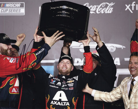Autographed 2025 William Byron Daytona 500 Victory Lane trophy photo showing Byron proudly posing with the iconic trophy beside the #24 Axalta car after his historic win. This signed 8x10 NASCAR collectible includes a COA, makes a great gift, and we are always here to help with any questions.