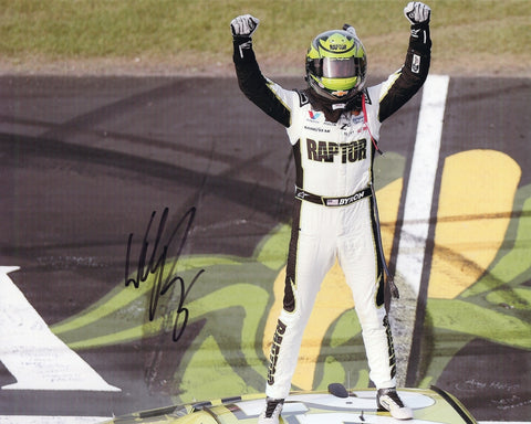 Autographed 2025 William Byron Iowa Race Win celebration photo showing Byron cheering proudly after his victory with the #24 Raptor Racing car nearby. This signed 8x10 NASCAR collectible includes a COA, makes a great gift, and we are always here to help with any questions.