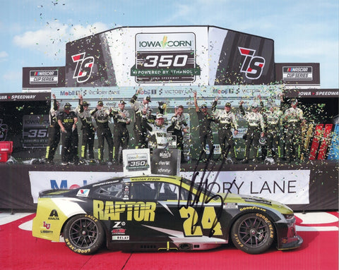 Autographed 2025 William Byron Iowa Victory Lane photo showing Byron celebrating after his win with the #24 Raptor Racing car behind him. This signed 8x10 NASCAR collectible includes a COA, makes a great gift, and we are always here to help with any questions you may have.