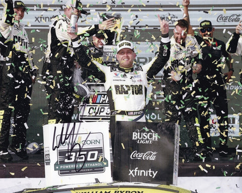 Autographed 2025 William Byron Iowa Race Win Victory Lane confetti photo showing Byron celebrating amid flying confetti with the #24 Raptor Racing car behind him. This signed 8x10 NASCAR collectible includes a COA, makes a great gift, and we are always here to help with any questions.