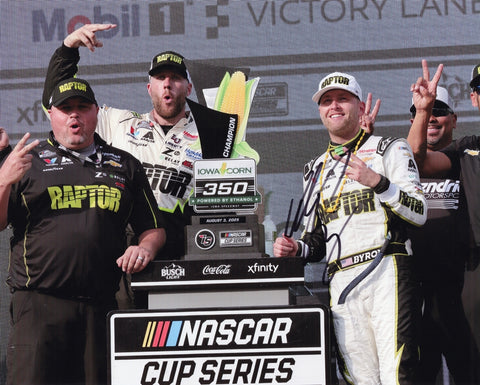 Autographed 2025 William Byron Iowa Victory Lane trophy photo showing Byron posing proudly with the winner’s trophy beside the #24 Raptor Racing car after securing the win. This signed 8x10 NASCAR collectible includes a COA, makes a great gift, and we are always here to help with any questions.