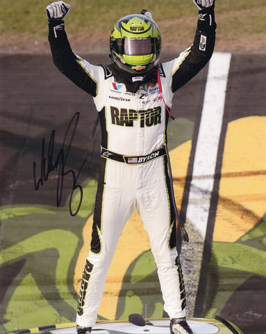Autographed 2025 William Byron Iowa Race Winner celebration photo showing Byron celebrating proudly after the win with the #24 Raptor Racing car behind him. This signed 8x10 NASCAR collectible includes a COA, makes a great gift, and we are always here to help with any questions.