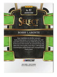 Detailed view of the Bobby Labonte signed 2024 Panini Select Racing NASCAR trading card highlighting his autograph and collectible racing card design. Accompanied by a Certificate of Authenticity, this signed NASCAR collectible makes a great gift for Bobby Labonte supporters and collectors of Joe Gibbs Racing memorabilia and driver autographs.