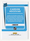 Close-up of signed Carson Hocevar 2022 Donruss Rated Rookie NASCAR Truck Series trading card, showcasing sharp design, vibrant colors, and racing detail, perfect for enthusiasts seeking a modern rookie collectible to display in a collection or give as a thoughtful gift.