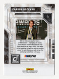 Close-up image of signed Carson Hocevar 2025 Donruss NASCAR trading card commemorating his 2024 Rookie of the Year achievement, showcasing sharp design, vibrant detail, and racing imagery, perfect for fans and collectors seeking a modern motorsports collectible to display or give as a great gift.