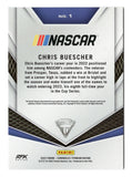 A serial-numbered Chris Buescher 2023 Panini Chronicles Racing Titanium Blue NASCAR trading card featuring his signature and individual number 099 of 199. Celebrating the 2015 Xfinity Series champion and three-time 2023 Cup Series race winner, this autographed collectible includes a Certificate of Authenticity and makes a great gift for racing fans.