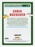 A signed Chris Buescher 2024 Donruss Racing NASCAR trading card honoring the accomplished Cup Series driver and his three victories during the 2023 season. Featuring Buescher's signature and an accompanying Certificate of Authenticity, this collectible makes a great gift for RFK Racing supporters, NASCAR fans, and racing memorabilia collectors.