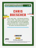A signed Chris Buescher 2024 Donruss Racing Blue NASCAR trading card featuring an eye-catching color-match design and serial numbering of 010 out of 199. Celebrating the 2015 Xfinity Series champion and three-time 2023 Cup Series winner, this autographed collectible includes a Certificate of Authenticity and makes a great gift for racing fans.