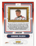 Detailed view of the Connor Zilisch signed 2025 Donruss Racing Coming Attractions NASCAR trading card celebrating one of stock car racing's most promising young drivers. This autographed Panini Donruss collectible comes with a Certificate of Authenticity and makes a great gift for NASCAR enthusiasts, Connor Zilisch fans, and trading card collectors.
