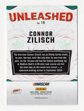 Detailed view of the Connor Zilisch signed 2025 Donruss Racing Unleashed NASCAR trading card showcasing the distinctive artwork of the Unleashed insert series. This autographed Panini Donruss collectible comes with a Certificate of Authenticity and makes a great gift for NASCAR enthusiasts, Connor Zilisch fans, and racing card collectors.