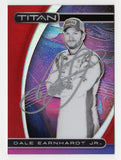 Autographed Dale Earnhardt Jr. 2021 Panini Chronicles Racing Titan Red NASCAR trading card featuring the distinctive Titan insert design and striking red parallel styling. Individually serial numbered #25/99, this signed collectible includes a Certificate of Authenticity and celebrates the legendary two-time Daytona 500 champion and longtime NASCAR fan favorite.