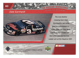 Close-up of signed Dale Earnhardt Sr 1999 Upper Deck Victory Circle NASCAR trading card, highlighting the iconic #3 Goodwrench car and racing legacy, featuring detailed design and authentic signature, perfect for enthusiasts looking to add a unique vintage piece to their collection or give as a gift.