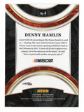 Signed Denny Hamlin 2024 Panini Select Racing American Pride trading card celebrating the LA Coliseum victory, complete with an authentic autograph, Certificate of Authenticity, and included rigid plastic toploader. A fantastic addition to any NASCAR trading card collection.