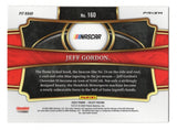 Detailed view of the Jeff Gordon signed 2024 Panini Select Racing Pit Road Silver Prizm NASCAR trading card highlighting his autograph and eye-catching reflective Prizm finish. Accompanied by a Certificate of Authenticity, this rare collectible makes a great gift for Jeff Gordon fans and collectors of NASCAR autographs.