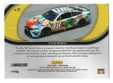 Authentic autographed Kyle Busch 2022 Panini Prizm Racing RIDES collectible trading card featuring the #18 M&M’s Crunchy Cookie race car and premium Prizm card styling. Includes COA and creates an eye-catching addition to any NASCAR or sports card collection display.