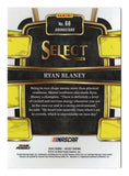 Detailed view of the Ryan Blaney signed 2024 Panini Select Racing Grandstand NASCAR trading card highlighting his autograph and collectible Grandstand design. Accompanied by a Certificate of Authenticity, this signed card makes a great gift for Ryan Blaney fans and collectors of NASCAR championship memorabilia and racing autographs.