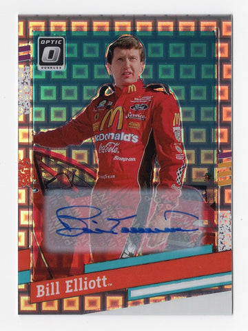 Bill Elliott 2024 Donruss Optic Pandora Autograph NASCAR trading card featuring McDonald's Team #94 design. Limited to 25 copies, this rare collectible showcases Bill Elliott’s signature, a must-have for any racing fan or memorabilia collector. The card is numbered #03/25 and comes with a lifetime authenticity guarantee.